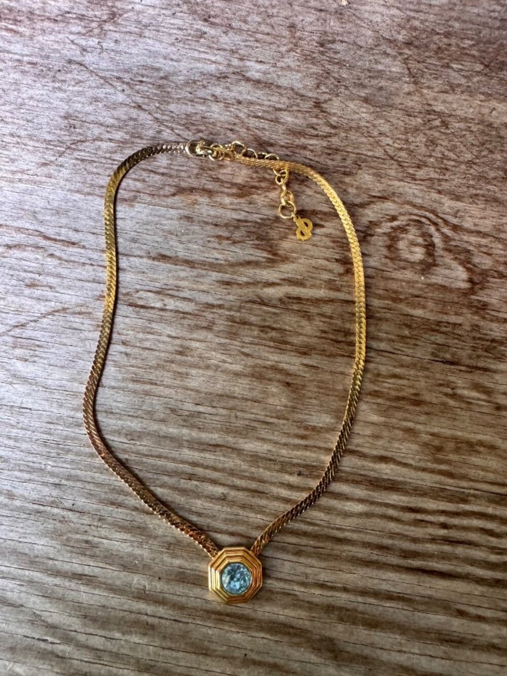 Christian Dior Gold Tone Blue Crystal Necklace Octagon Pendant 15-17” Vintage - Picture 5 of 8